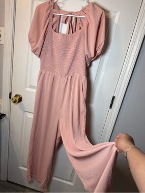 Smocked Blush Pink Jumpsuit with Puff Sleeves